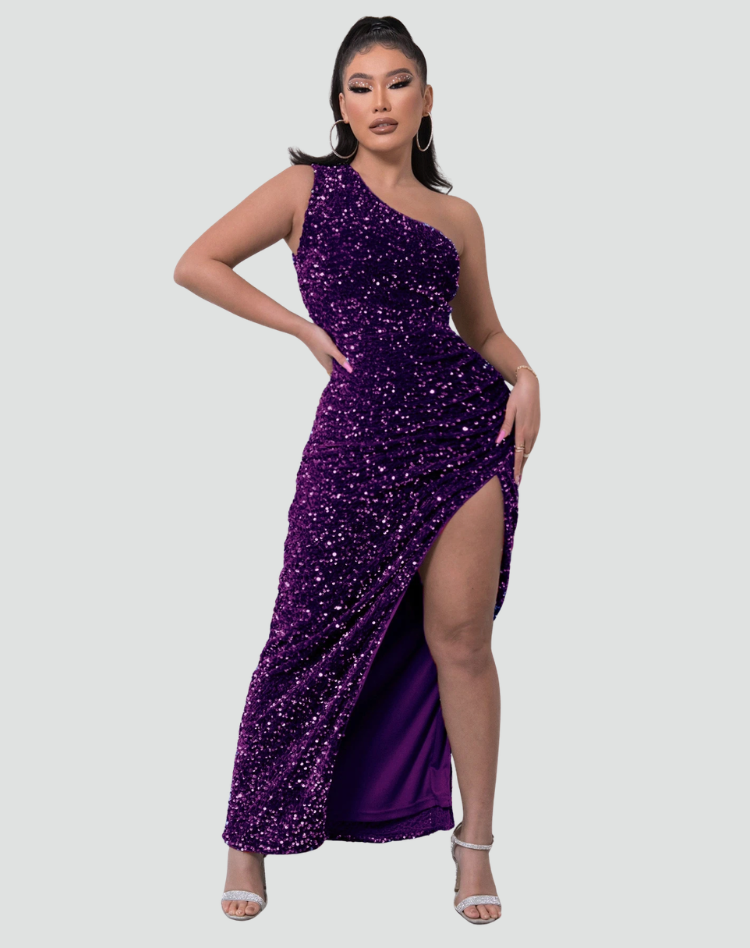 Serena | Women's One-Shoulder Sequin Maxi Evening Dress with High Slit
