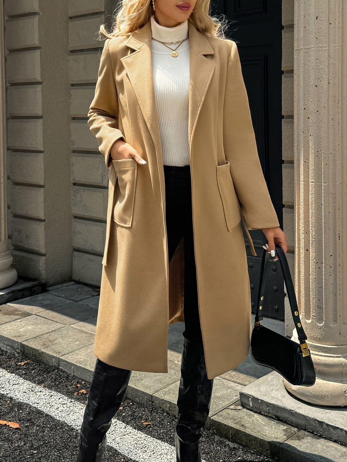 Bernadette | Women's Long Belted Coat with Patch Pockets