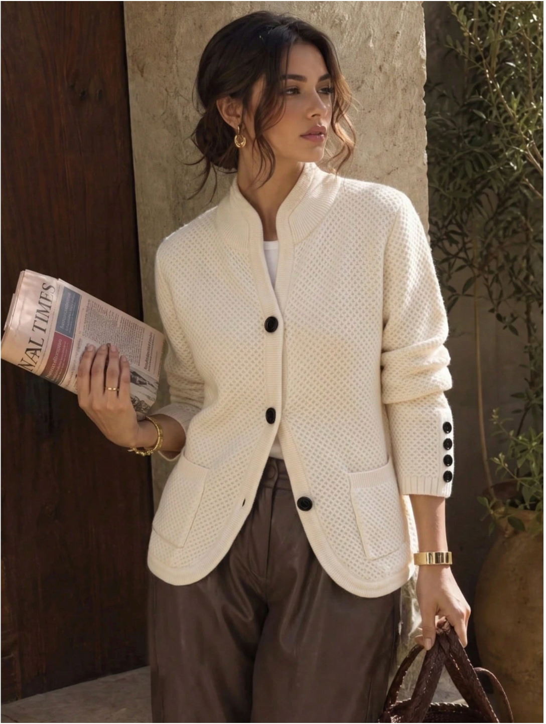 Eleanor | Women's Textured Button-Front Cardigan with Stand Collar and Decorative Cuffs
