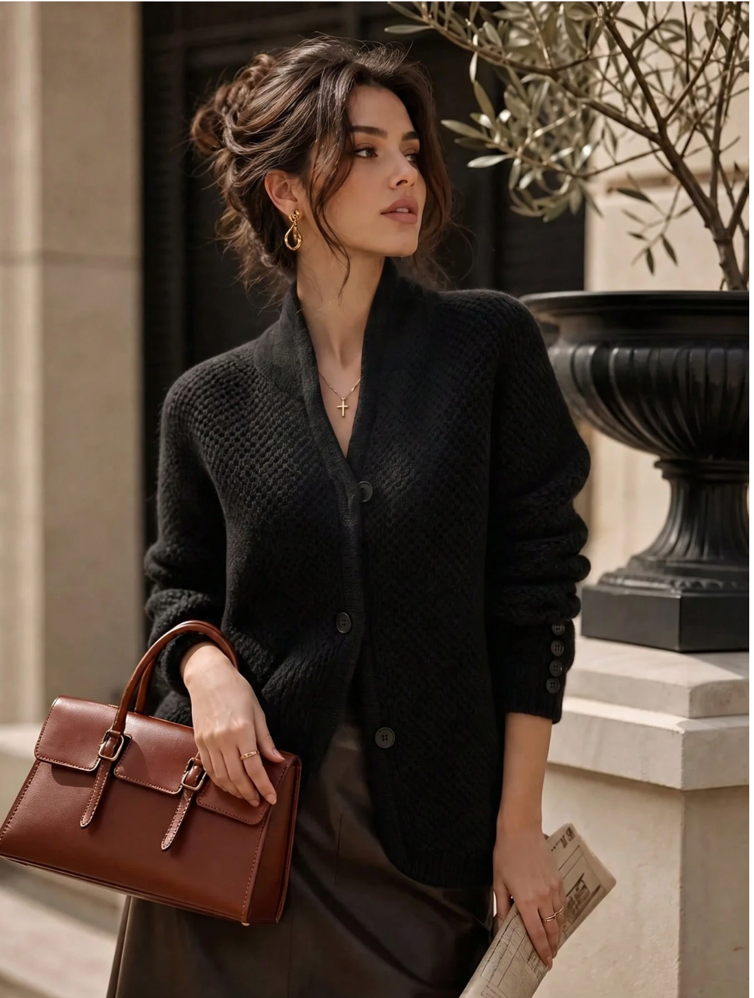 Eleanor | Women's Textured Button-Front Cardigan with Stand Collar and Decorative Cuffs