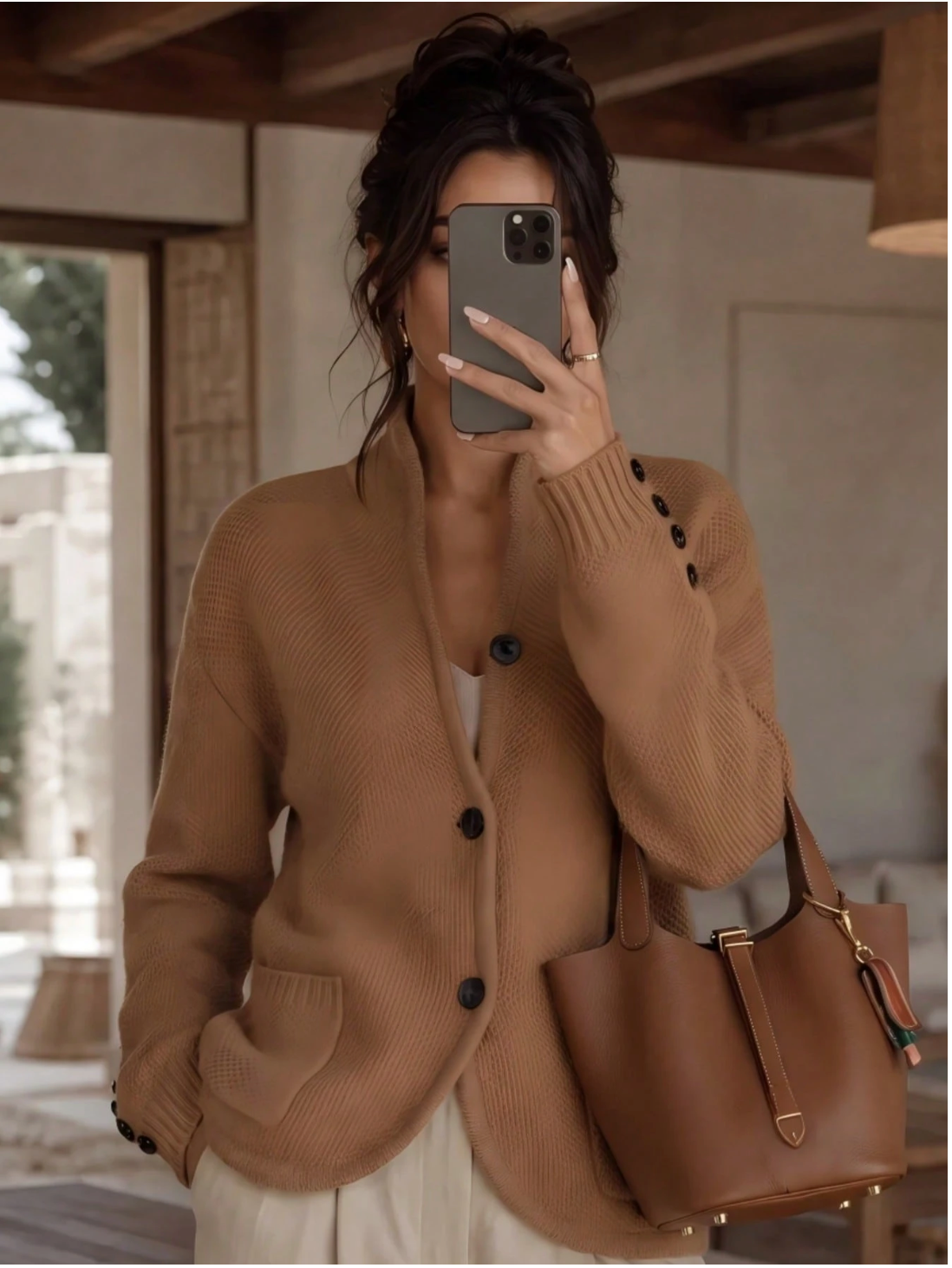 Eleanor | Women's Textured Button-Front Cardigan with Stand Collar and Decorative Cuffs