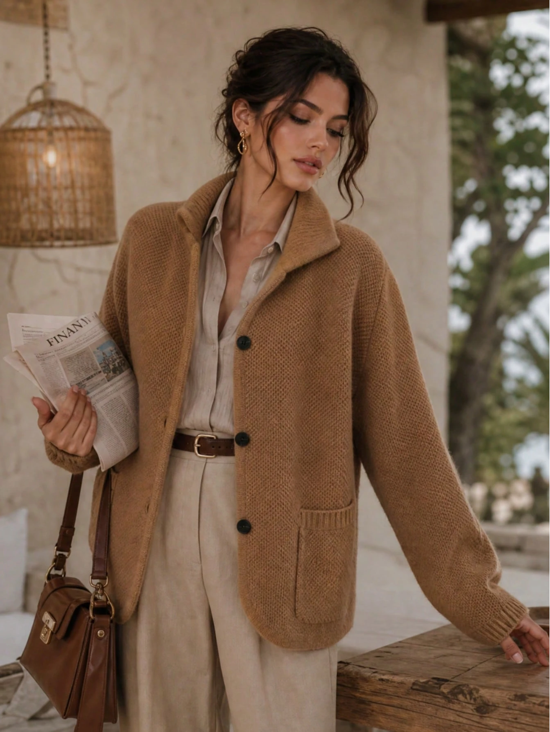 Eleanor | Women's Textured Button-Front Cardigan with Stand Collar and Decorative Cuffs