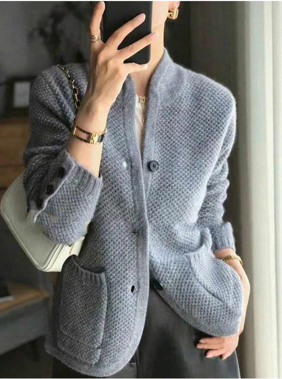 Eleanor | Women's Textured Button-Front Cardigan with Stand Collar and Decorative Cuffs