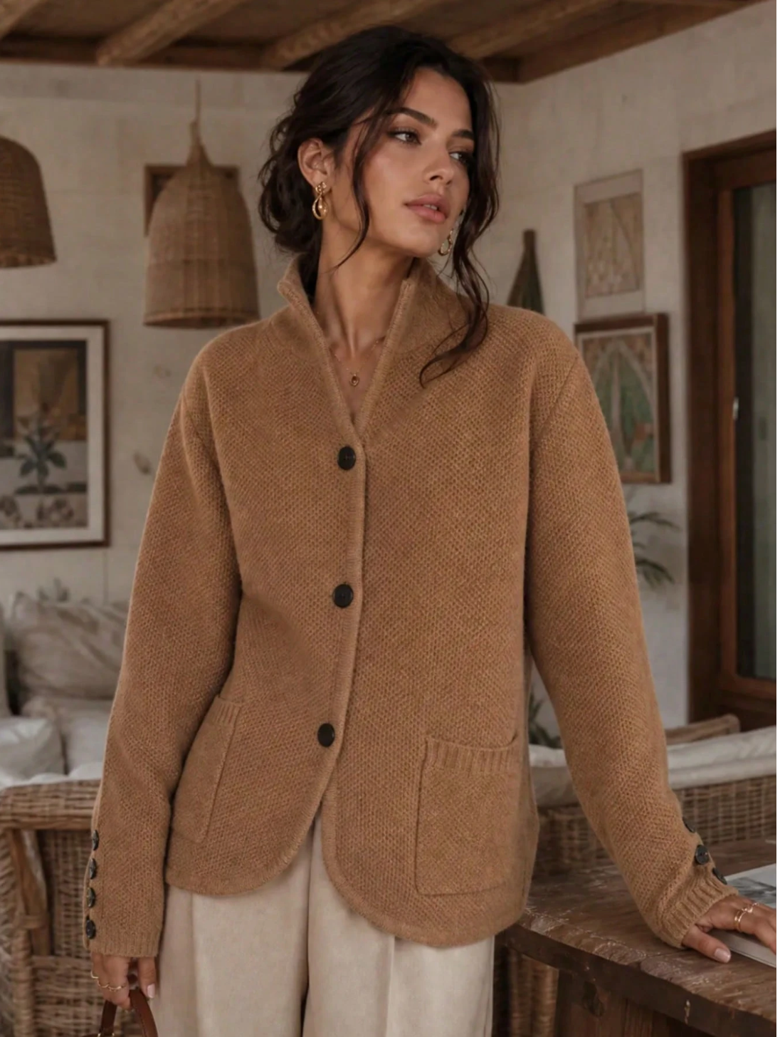 Eleanor | Women's Textured Button-Front Cardigan with Stand Collar and Decorative Cuffs