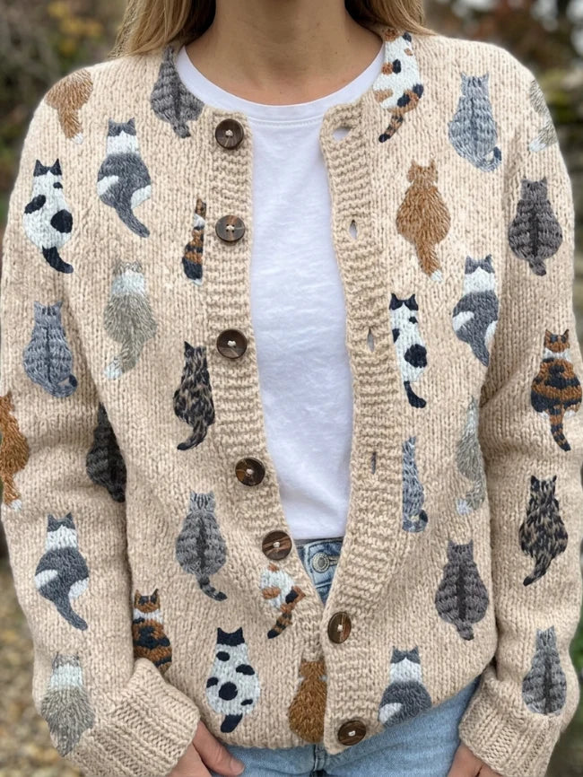 Tabitha | Women's Cat-Print Button-Front Cardigan