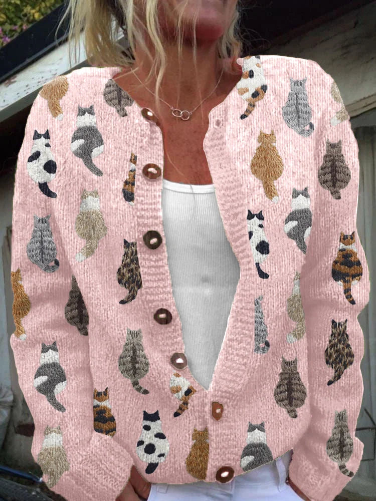 Tabitha | Women's Cat-Print Button-Front Cardigan
