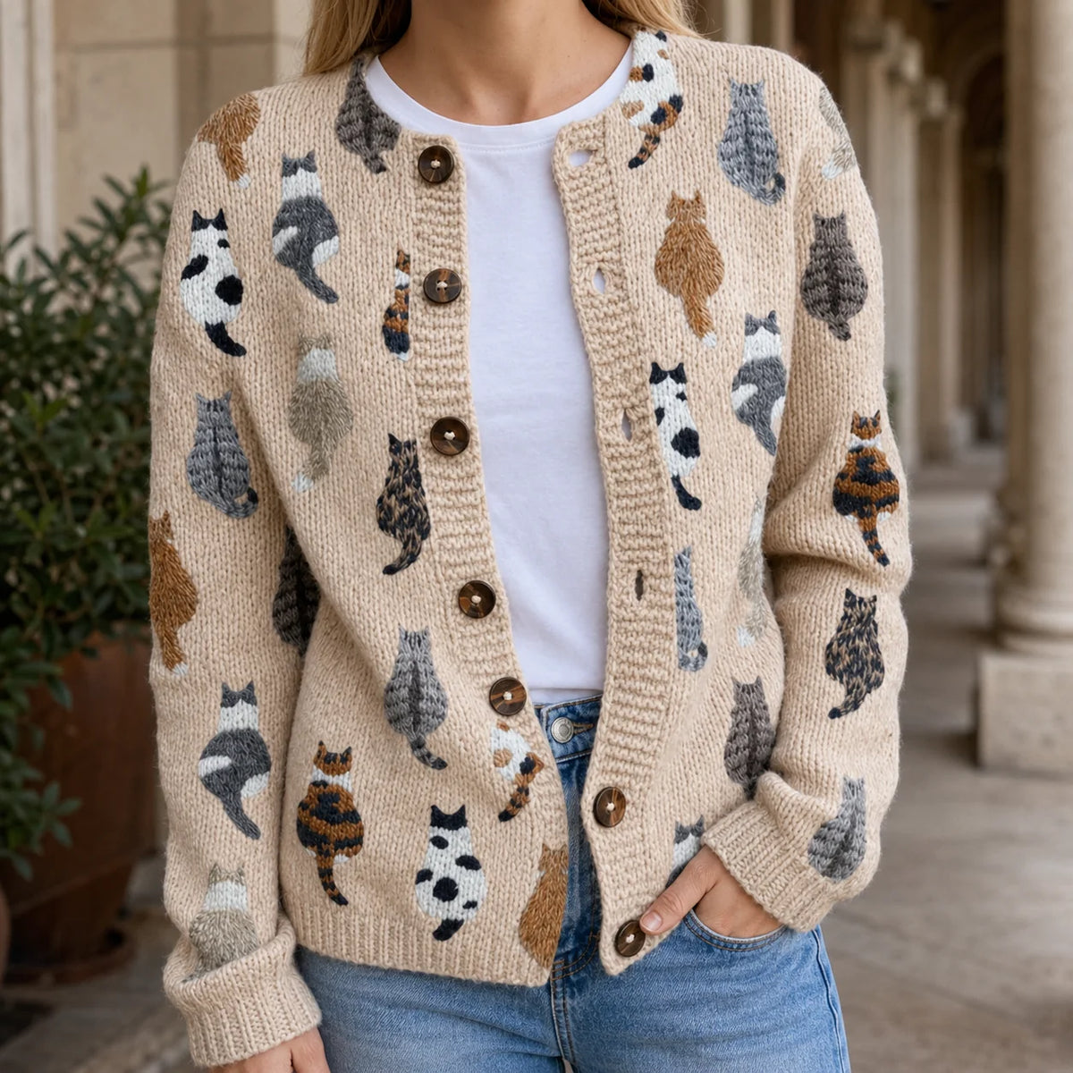 Tabitha | Women's Cat-Print Button-Front Cardigan