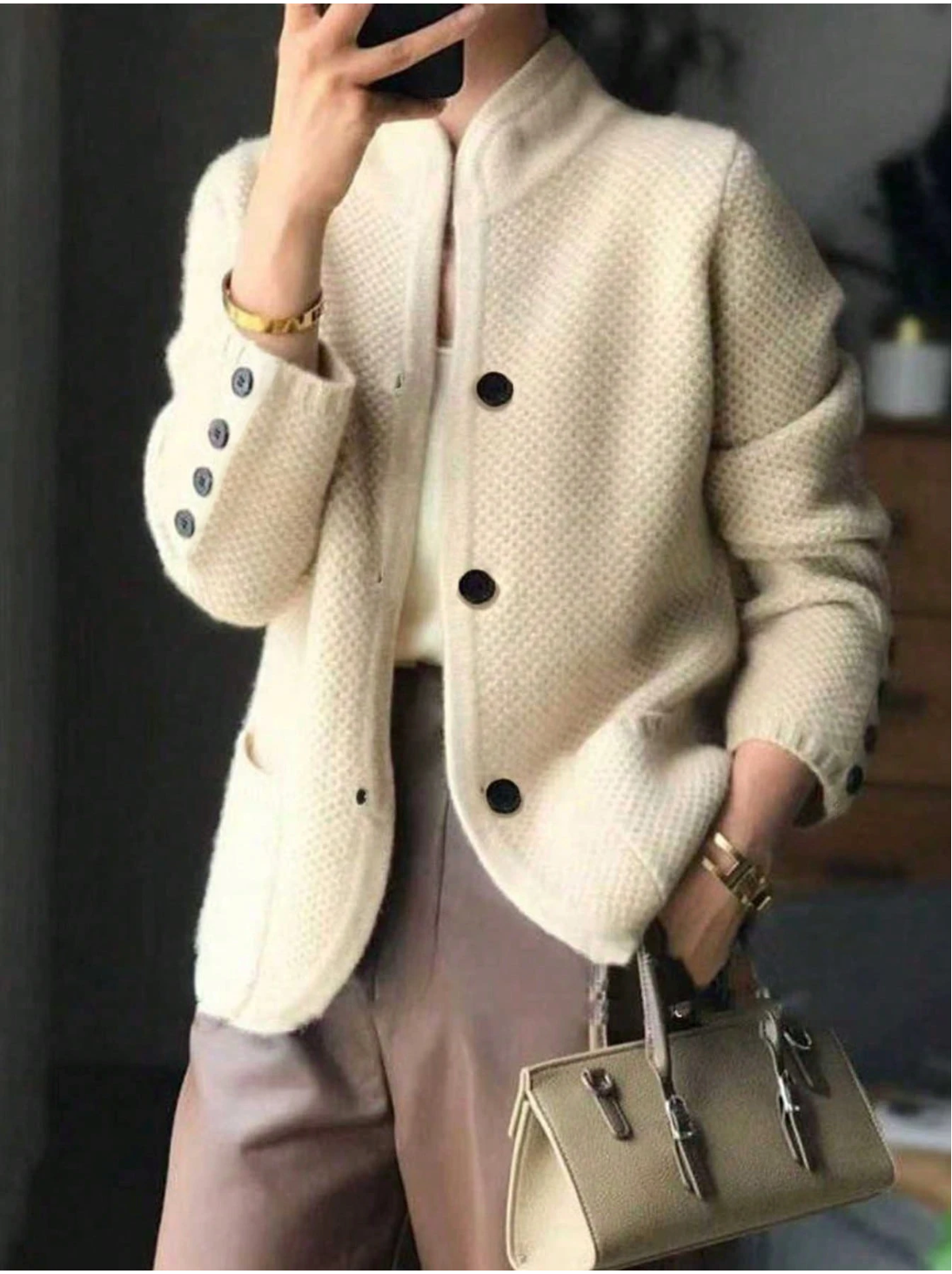 Eleanor | Women's Textured Button-Front Cardigan with Stand Collar and Decorative Cuffs