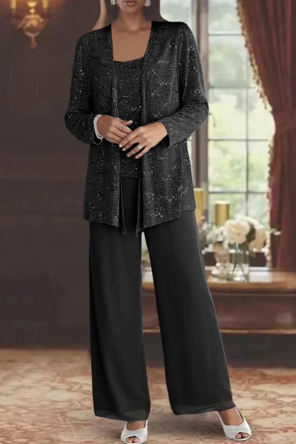 Carla | Women's Three-Piece Sequin Jacket and Wide-Leg Trouser Suit