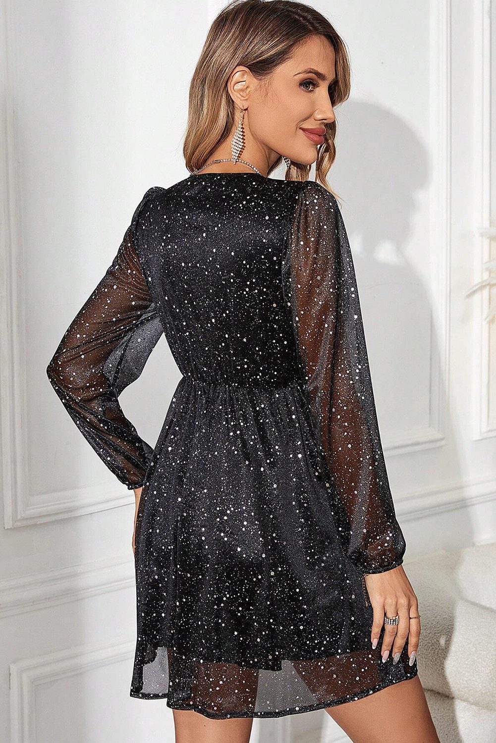 Cassandra | Women’s Sequin V-Neck Wrap Dress with Long Sleeves