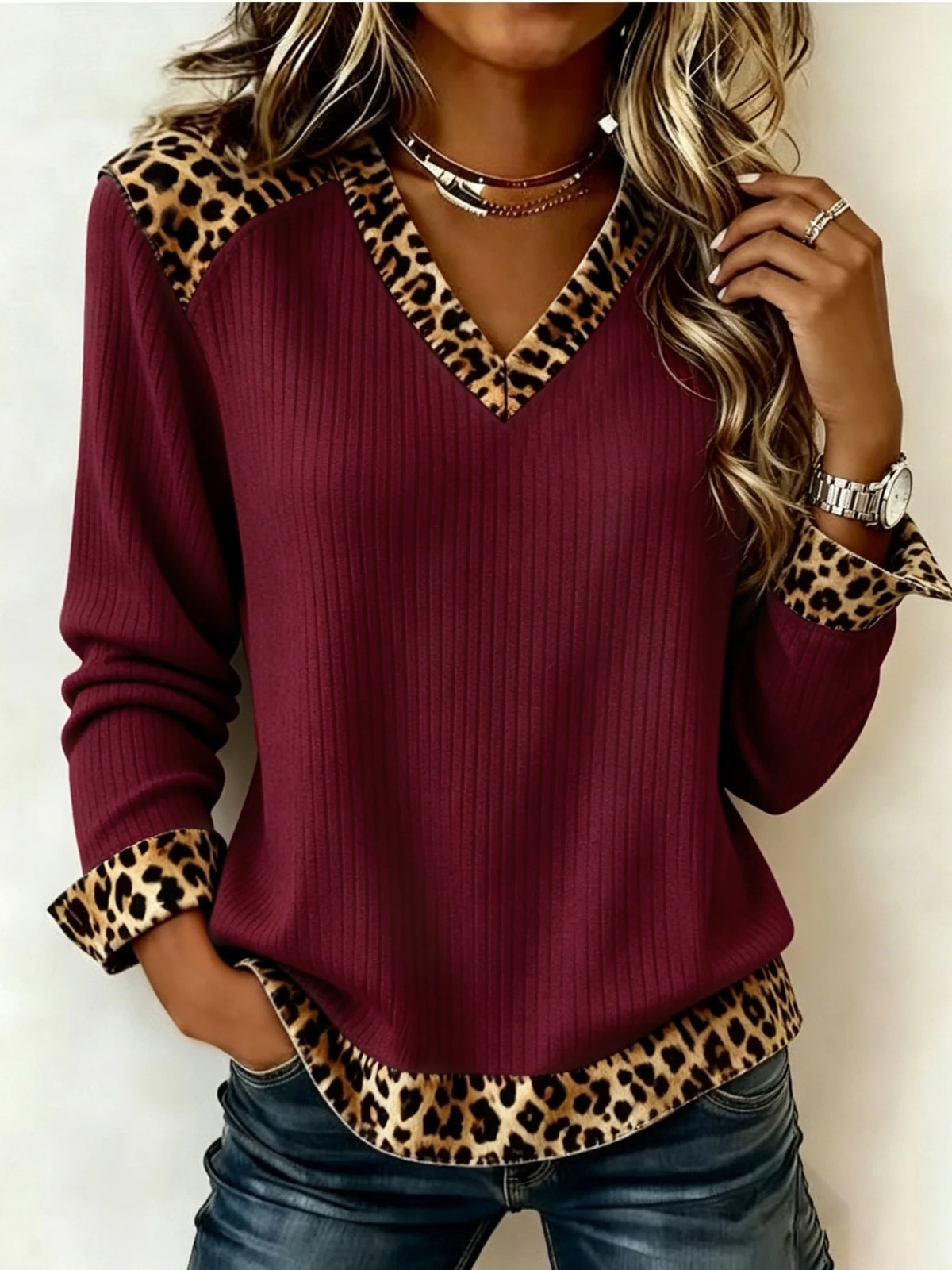 Christa | Women's V-Neck Top with Animal-Print Trim
