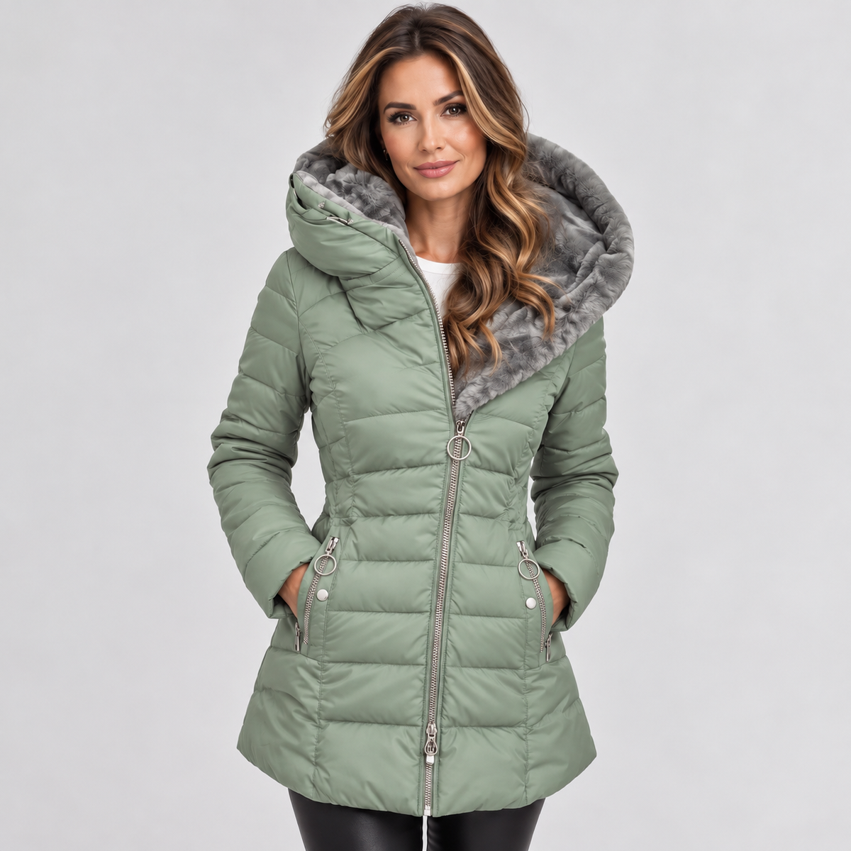 Evelyn | Women's Long Quilted Puffer Coat with Hood and Zip-Up Front