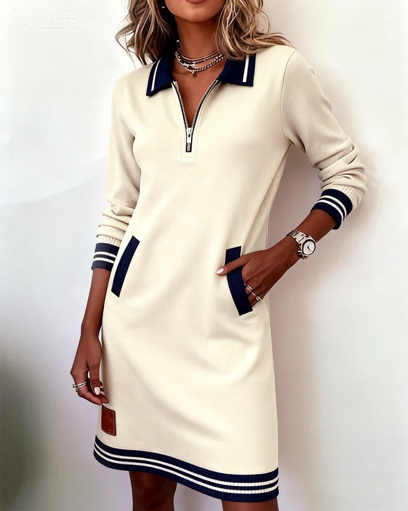 Cora | Women's Long-Sleeve Zip-Neck Polo Dress with Contrast Trim and Side Pockets