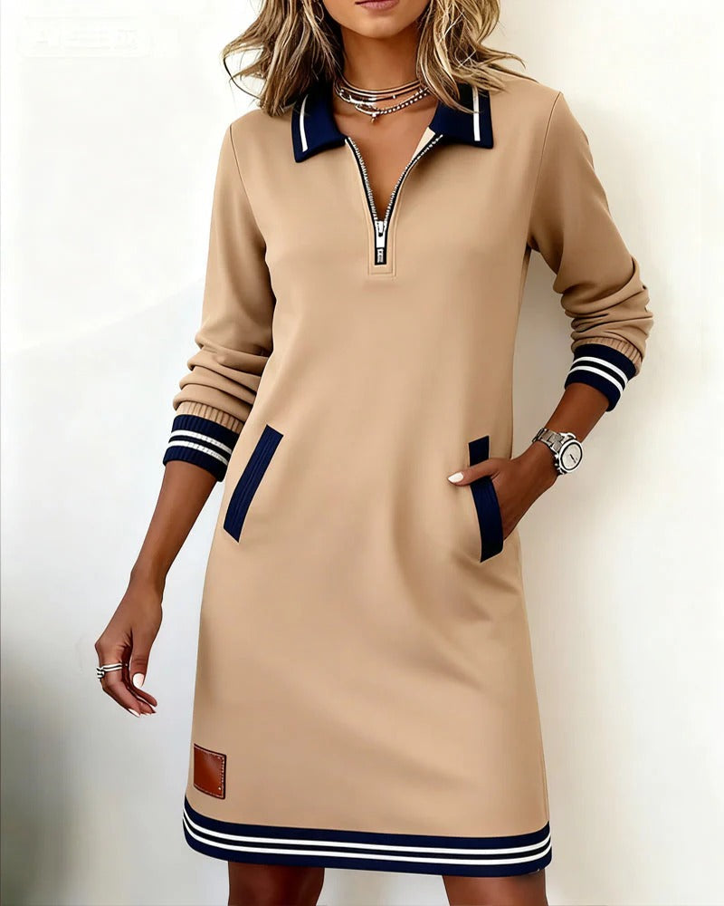Cora | Women's Long-Sleeve Zip-Neck Polo Dress with Contrast Trim and Side Pockets