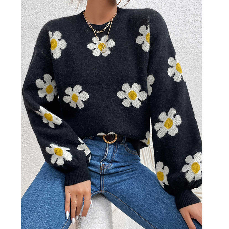 Daisy | Women's Daisy Print Sweater with Puff Sleeves