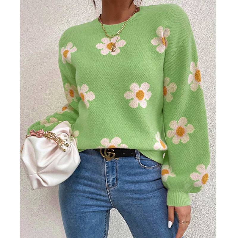 Daisy | Women's Daisy Print Sweater with Puff Sleeves
