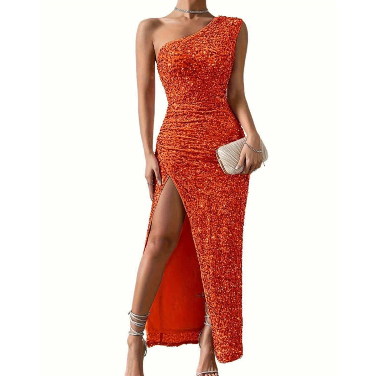 Serena | Women's One-Shoulder Sequin Maxi Evening Dress with High Slit