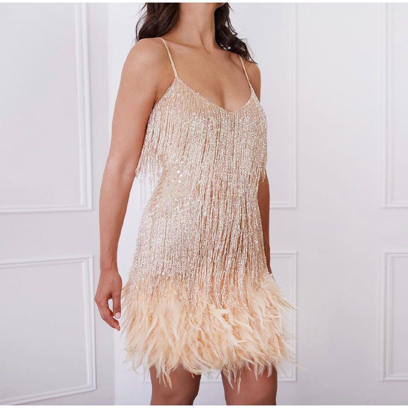 Natalie | Women's Sequin Fringe Mini Cocktail Dress with Feather-Style Hem