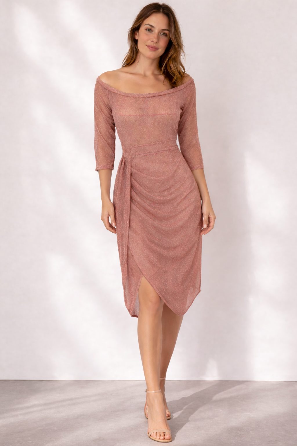 Audrey | Women's Off-Shoulder Ruched Wrap Midi Dress with Three-Quarter Sleeves