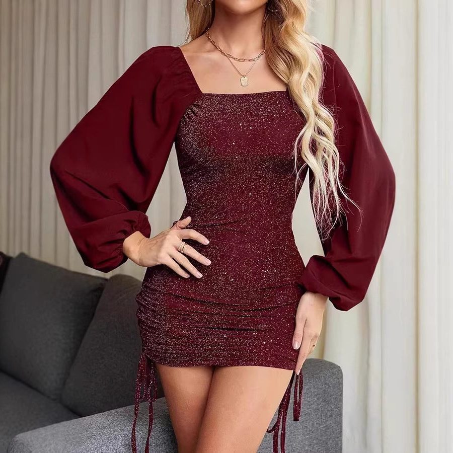 Bianca | Women's Glitter Bodycon Mini Dress with Puff Sleeves and Square Neckline