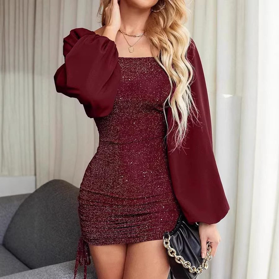 Bianca | Women's Glitter Bodycon Mini Dress with Puff Sleeves and Square Neckline