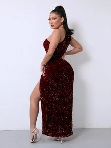 Serena | Women's One-Shoulder Sequin Maxi Evening Dress with High Slit