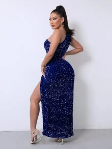 Serena | Women's One-Shoulder Sequin Maxi Evening Dress with High Slit