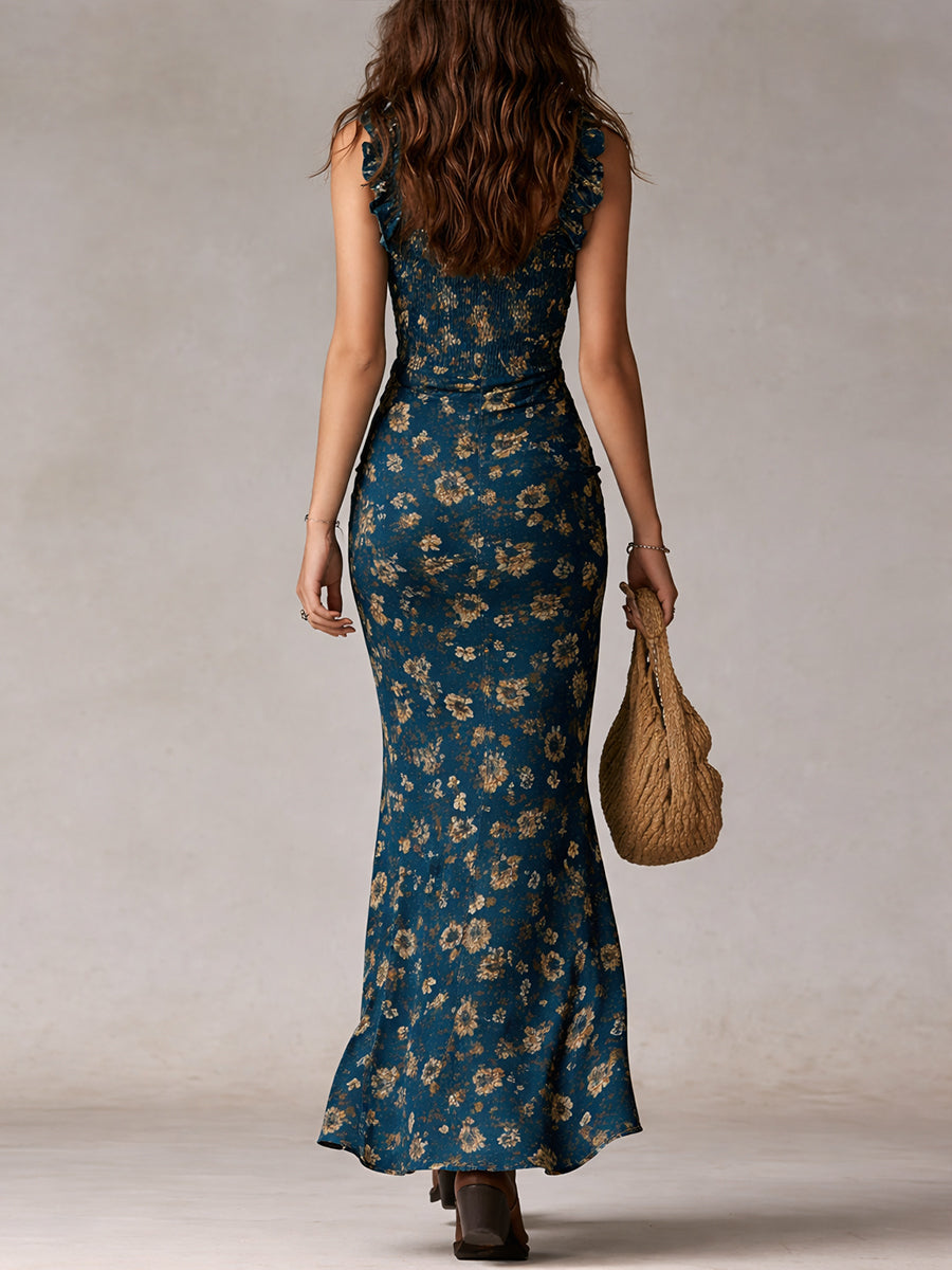 Fiona | Women's Floral Smocked Maxi Dress with Ruffled Straps and High Slit