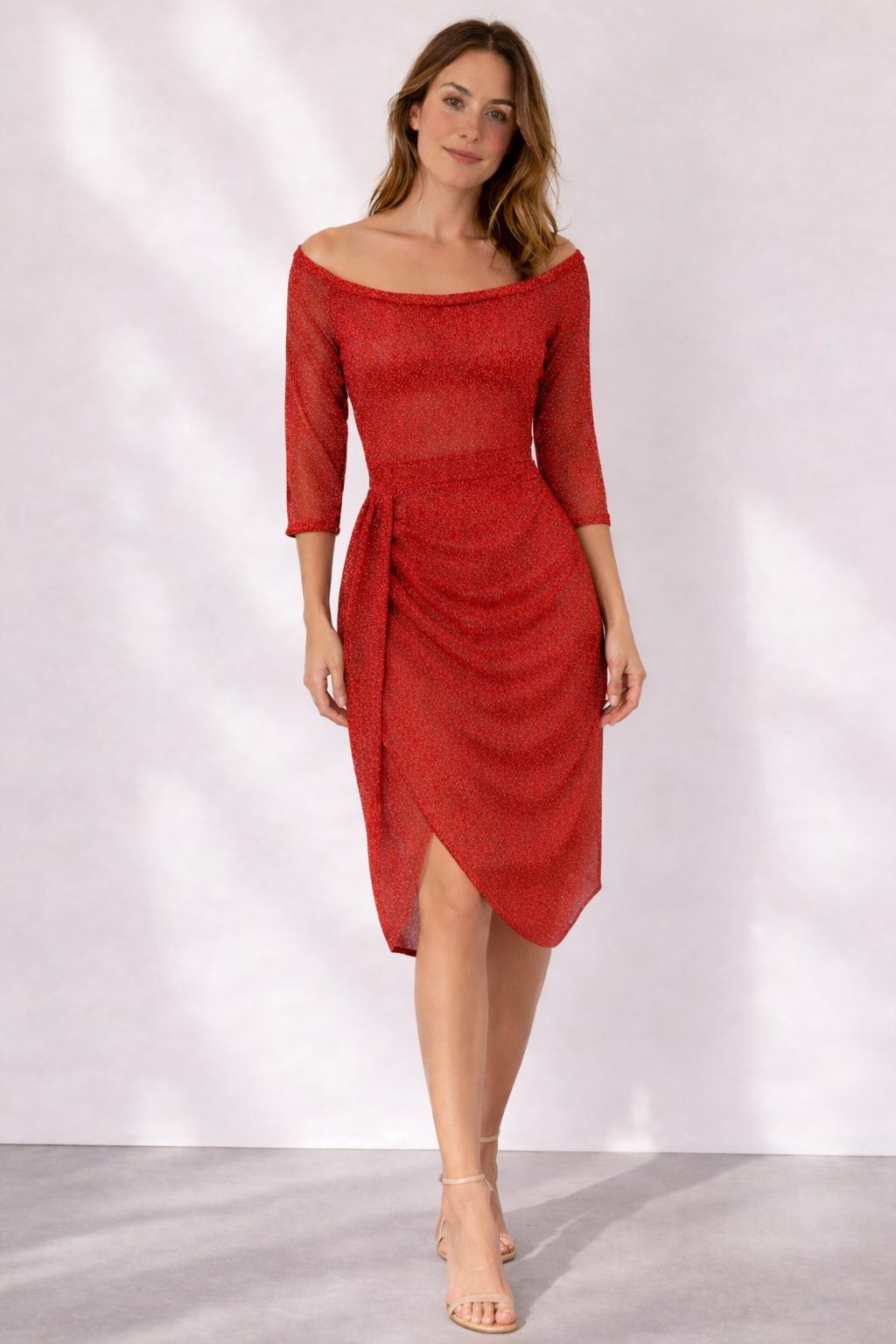 Audrey | Women's Off-Shoulder Ruched Wrap Midi Dress with Three-Quarter Sleeves