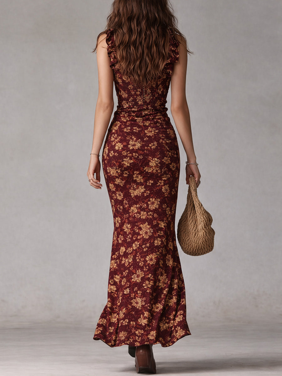 Fiona | Women's Floral Smocked Maxi Dress with Ruffled Straps and High Slit