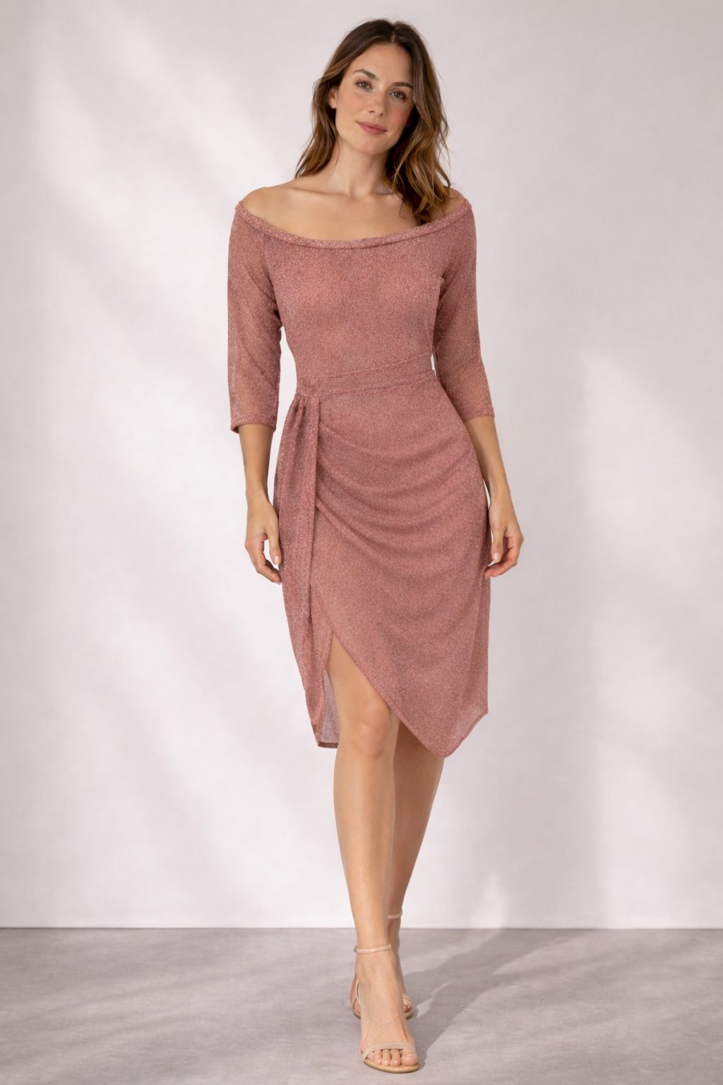 Audrey | Women's Off-Shoulder Ruched Wrap Midi Dress with Three-Quarter Sleeves