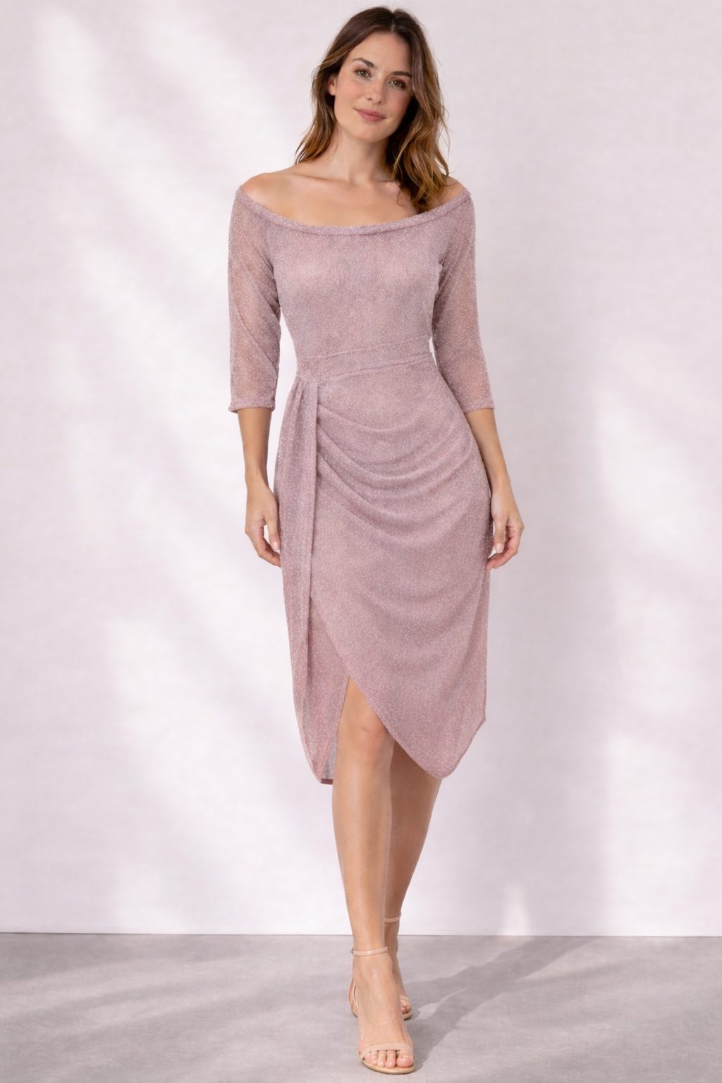 Audrey | Women's Off-Shoulder Ruched Wrap Midi Dress with Three-Quarter Sleeves