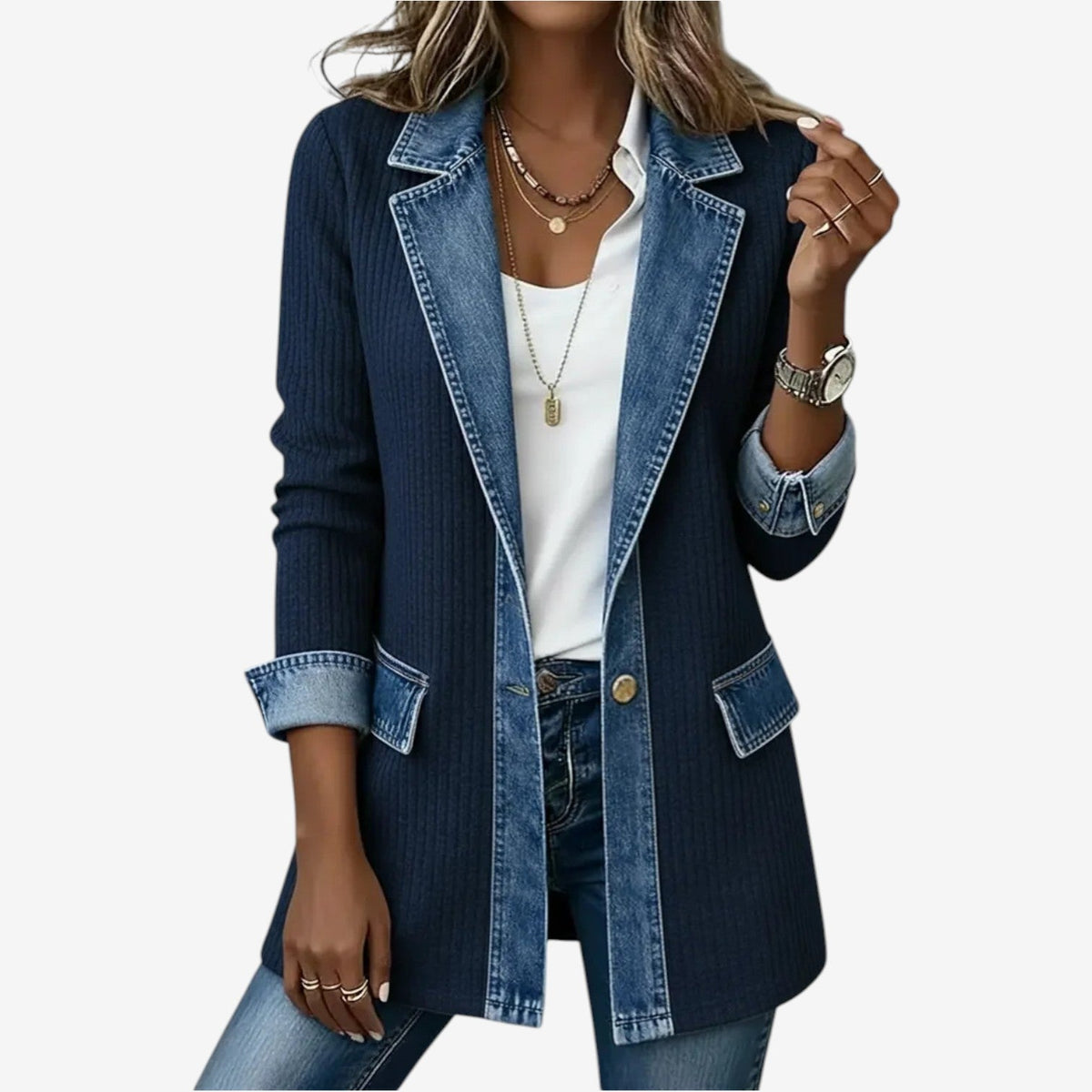 Ellie | Women's Layered Collar Button-Up Jacket with Textured Details