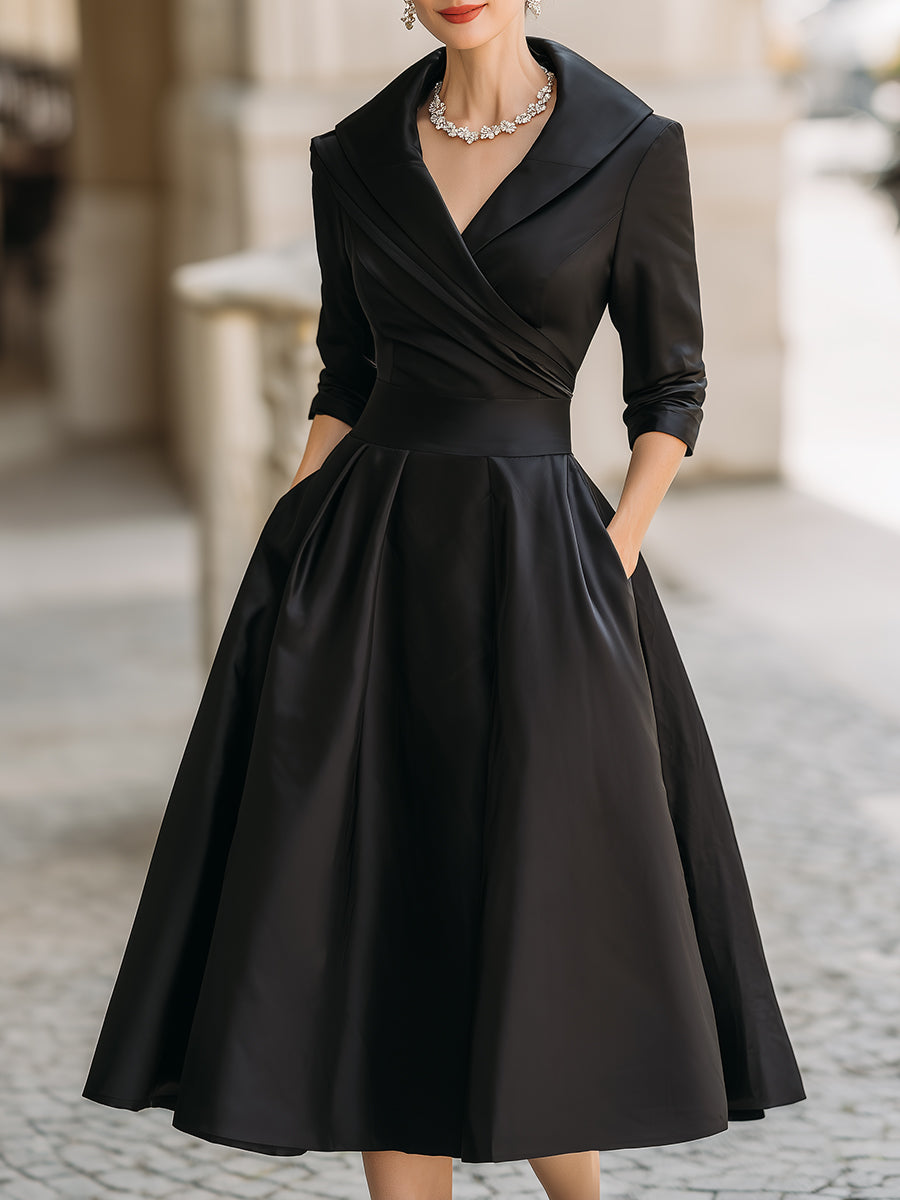 Elvarine | Women's A-Line Midi Dress with Wrap Bodice and Pleated Skirt