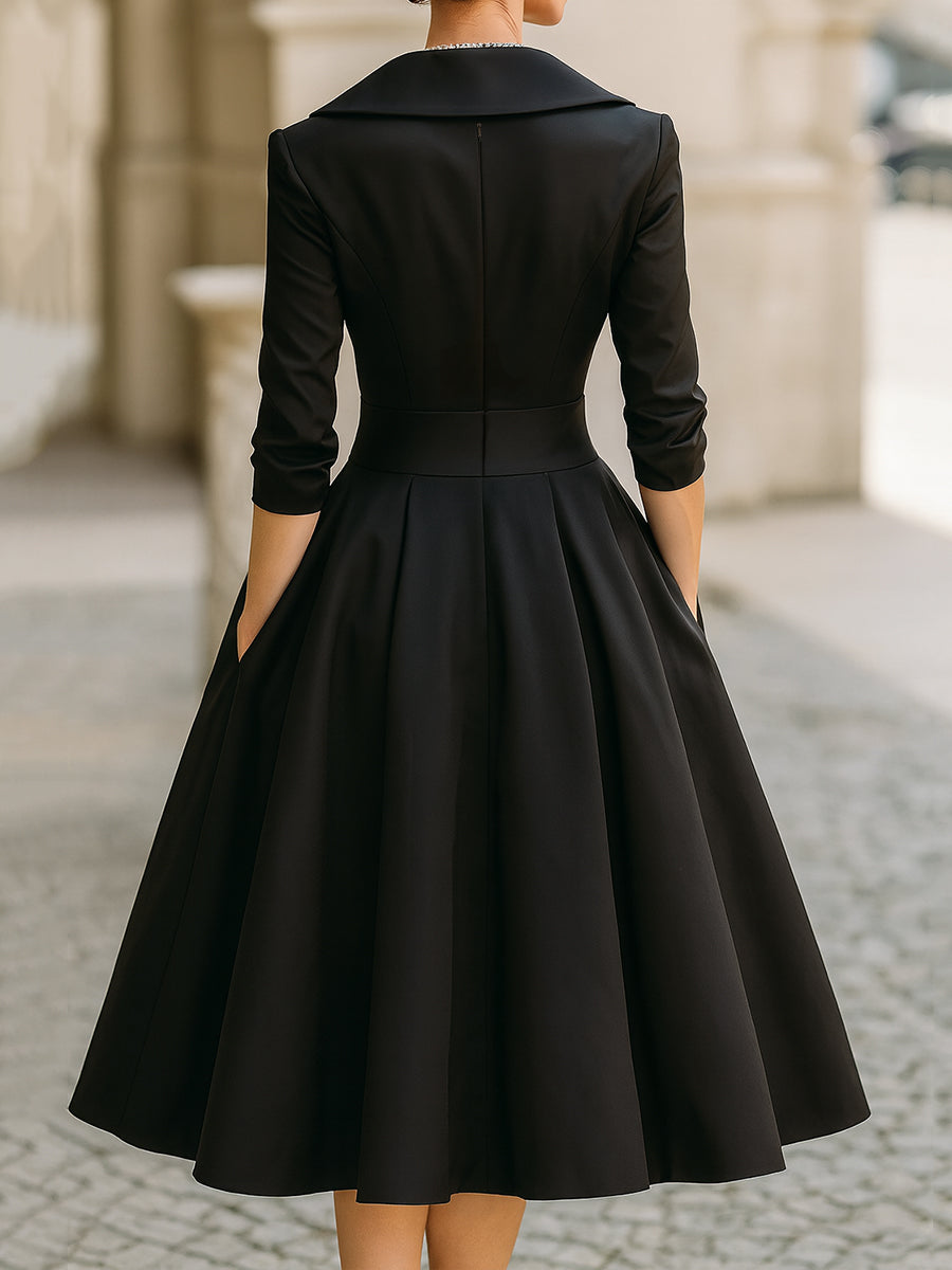 Elvarine | Women's A-Line Midi Dress with Wrap Bodice and Pleated Skirt