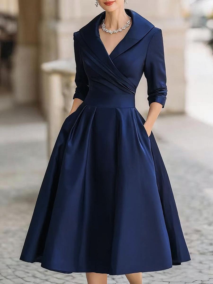 Elvarine | Women's A-Line Midi Dress with Wrap Bodice and Pleated Skirt