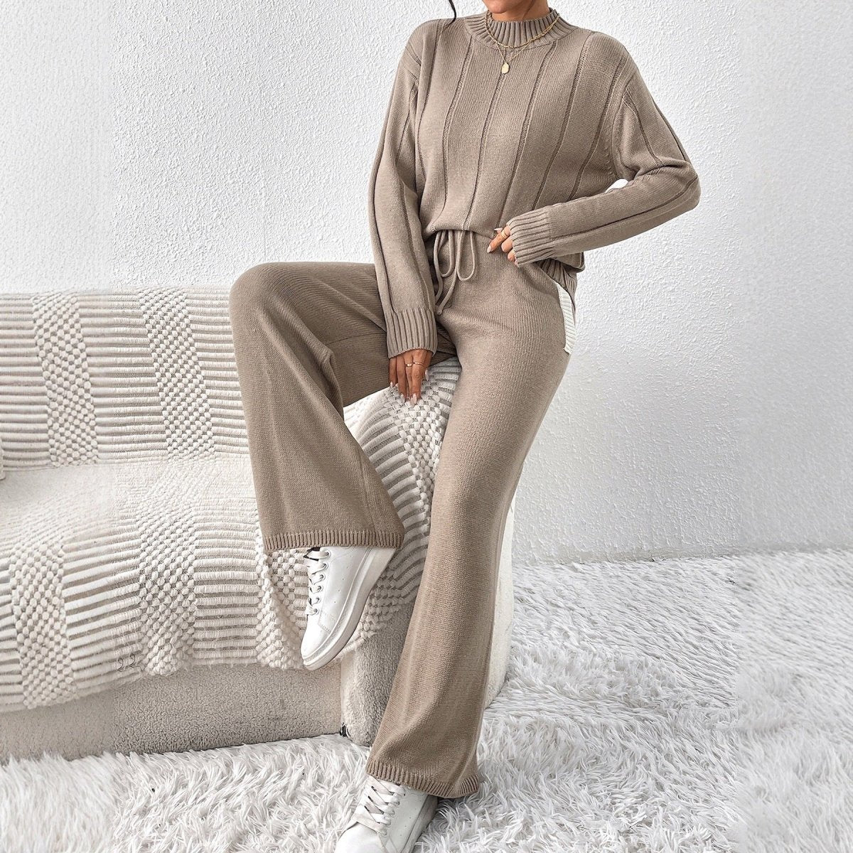 Evan | Women's Two-Piece Mock Neck Sweater and Wide-Leg Trousers Set