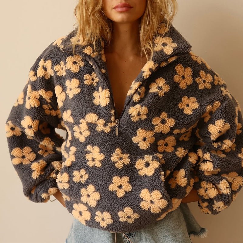 Floravie | Women's Oversized Floral Daisy Jacket with Half-Zip Closure