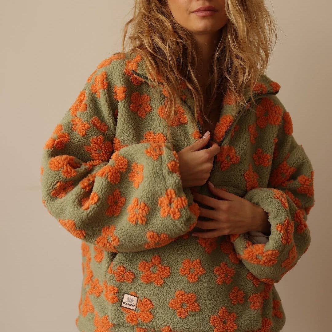 Floravie | Women's Oversized Floral Daisy Jacket with Half-Zip Closure