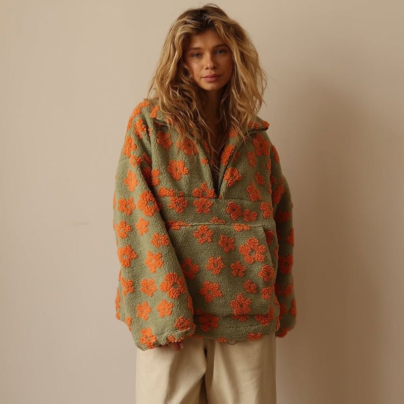 Floravie | Women's Oversized Floral Daisy Jacket with Half-Zip Closure