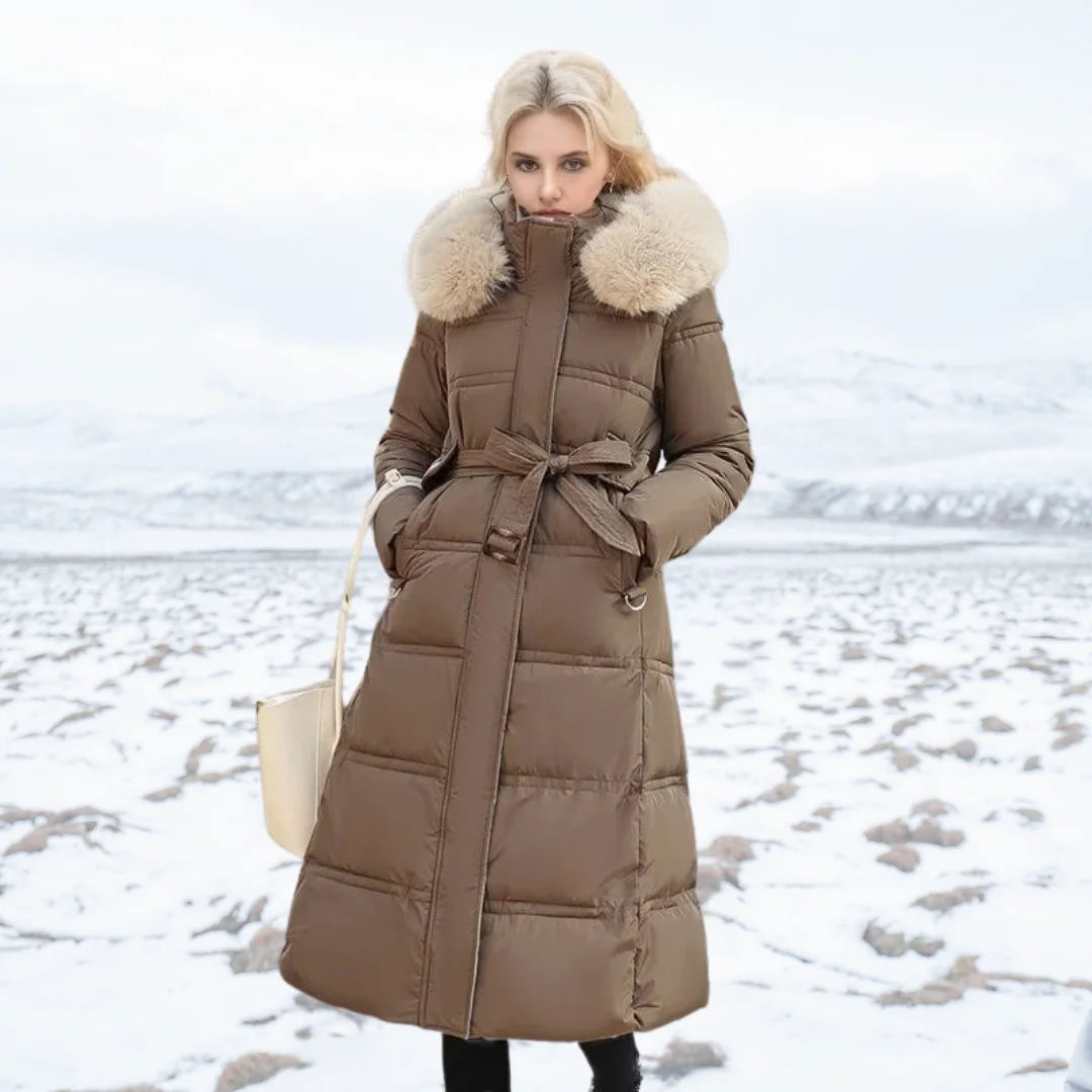 Penelope | Women's Long Quilted Winter Puffer Coat with Fluffy Hood Trim