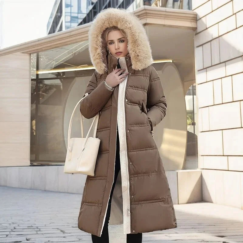 Penelope | Women's Long Quilted Winter Puffer Coat with Fluffy Hood Trim