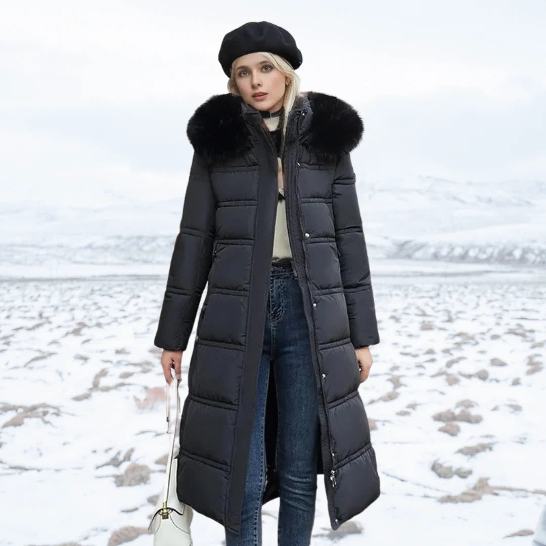 Penelope | Women's Long Quilted Winter Puffer Coat with Fluffy Hood Trim