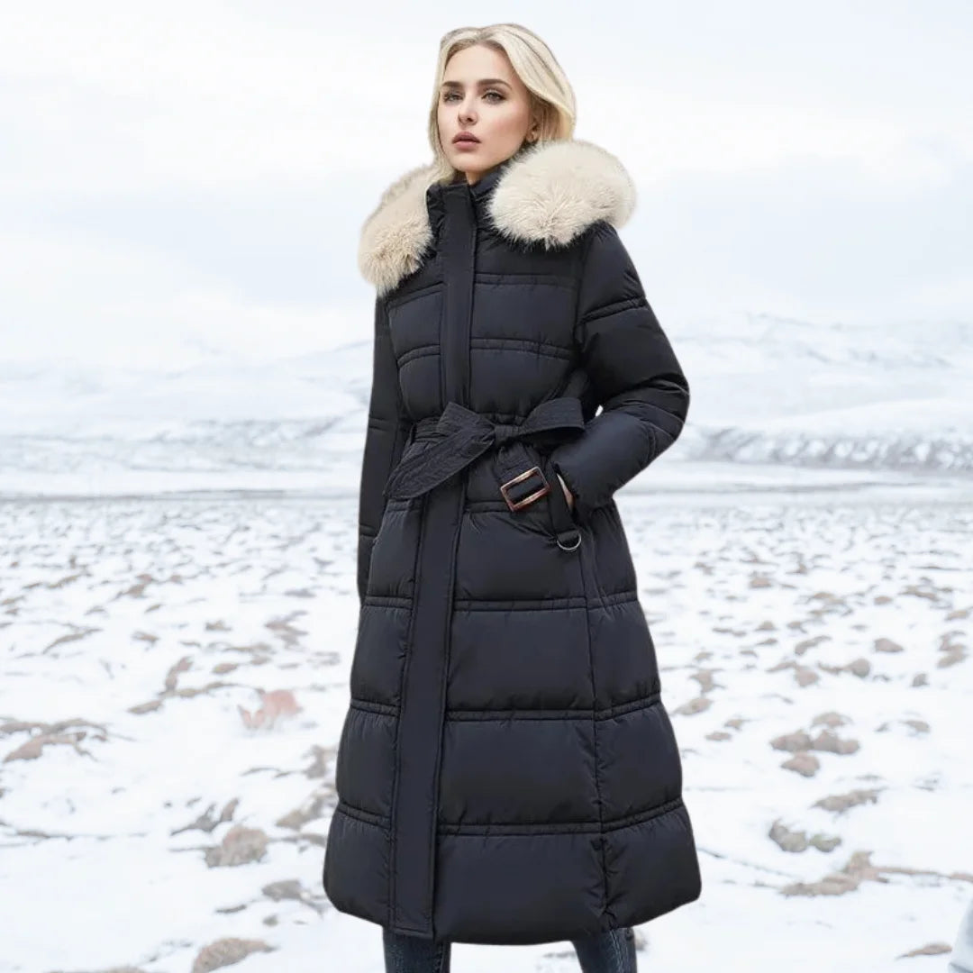 Penelope | Women's Long Quilted Winter Puffer Coat with Fluffy Hood Trim