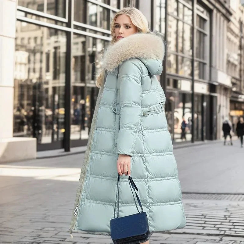 Penelope | Women's Long Quilted Winter Puffer Coat with Fluffy Hood Trim