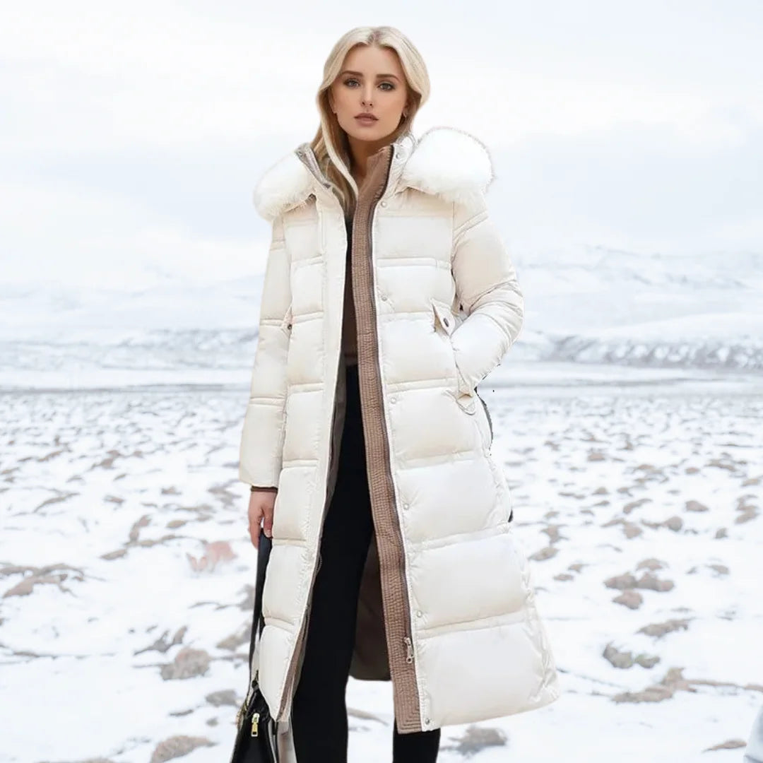 Penelope | Women's Long Quilted Winter Puffer Coat with Fluffy Hood Trim
