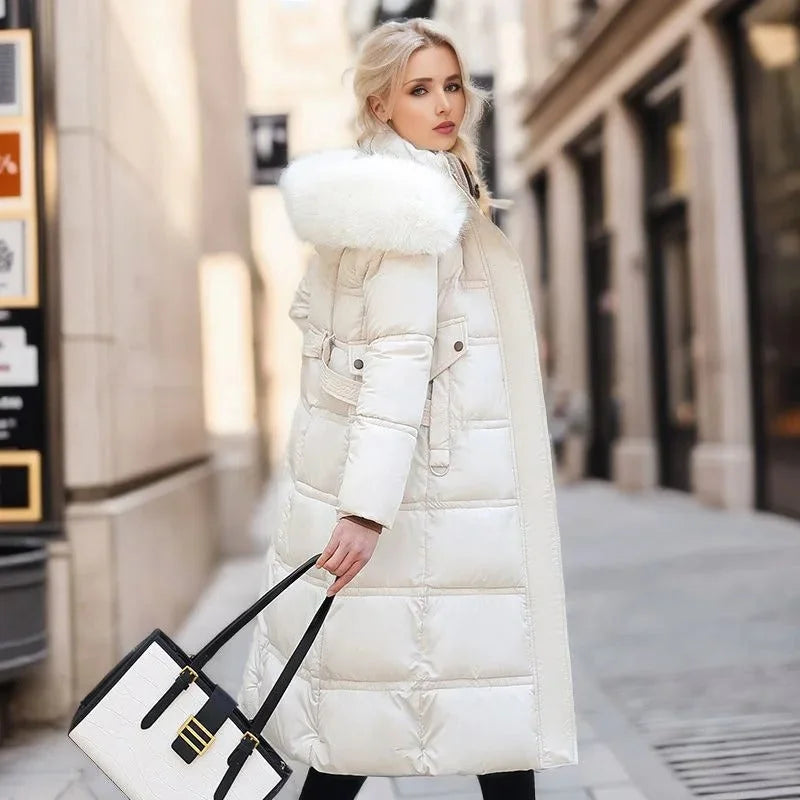 Penelope | Women's Long Quilted Winter Puffer Coat with Fluffy Hood Trim