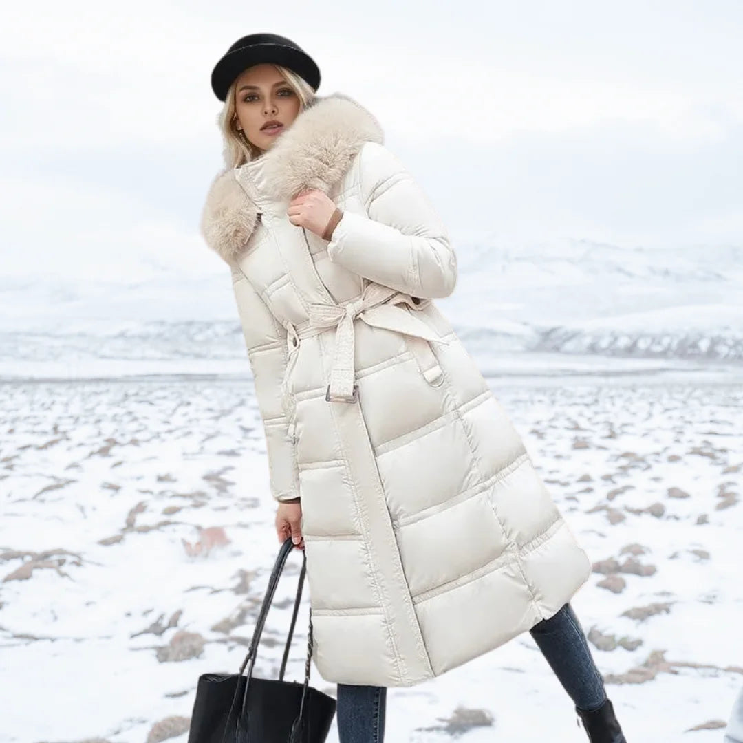 Penelope | Women's Long Quilted Winter Puffer Coat with Fluffy Hood Trim