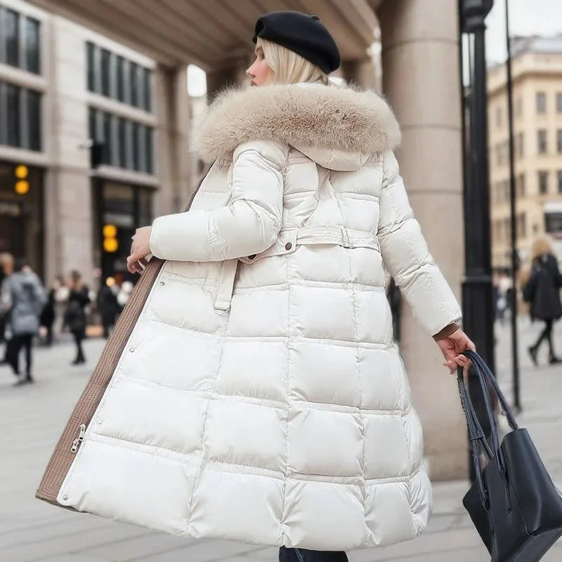 Penelope | Women's Long Quilted Winter Puffer Coat with Fluffy Hood Trim
