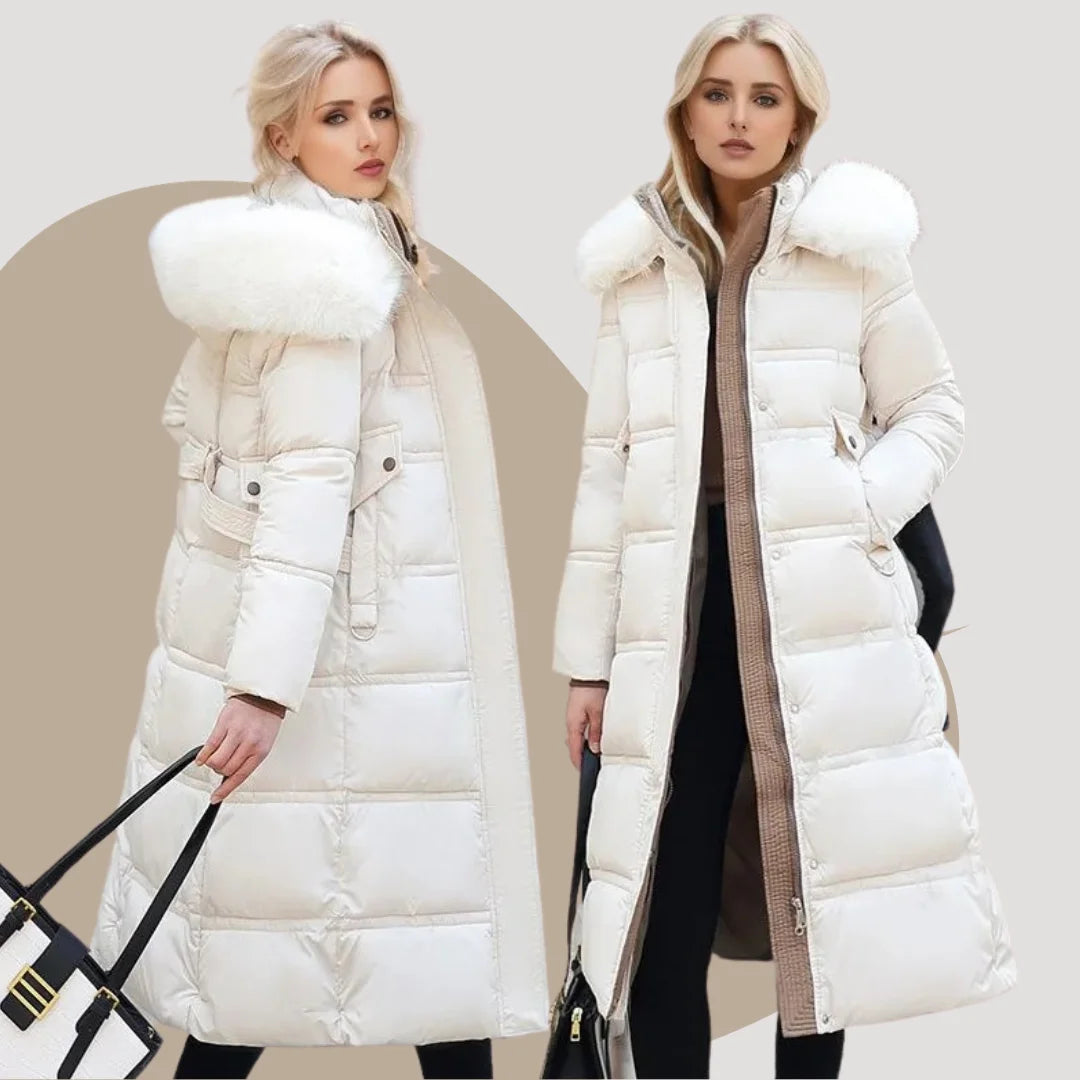 Penelope | Women's Long Quilted Winter Puffer Coat with Fluffy Hood Trim